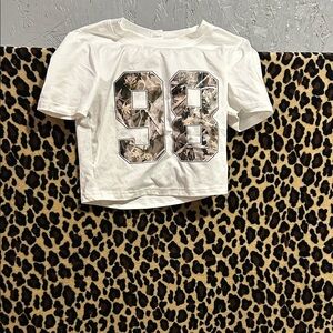 SHEIN White Tee with Floral '98' Design
